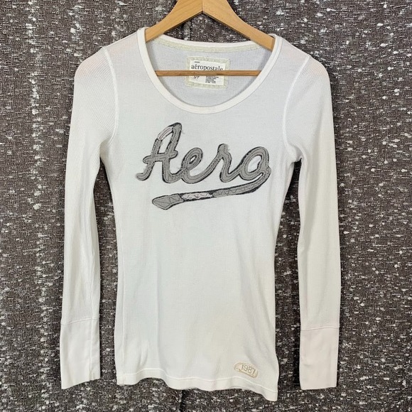 Aeropostale Tops - Aeropostale Y2K Waffle Knit White Long Sleeve Shirt Logo Preppy Women's Small